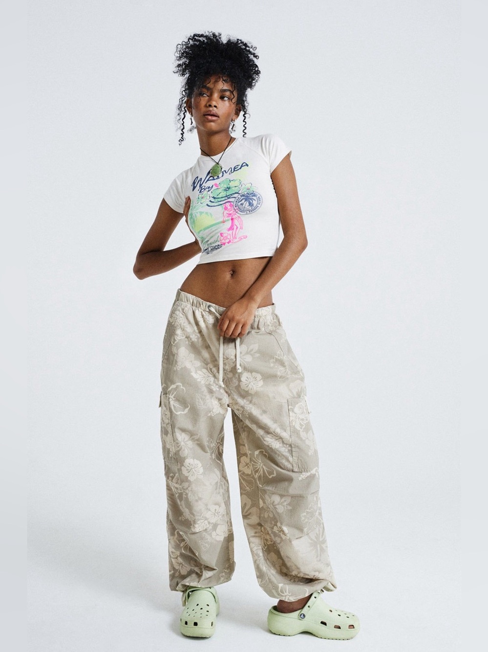 Jaded London Hibiscus Bloom Cream Beige Parachute Baggy Wide Leg Cargo Pants